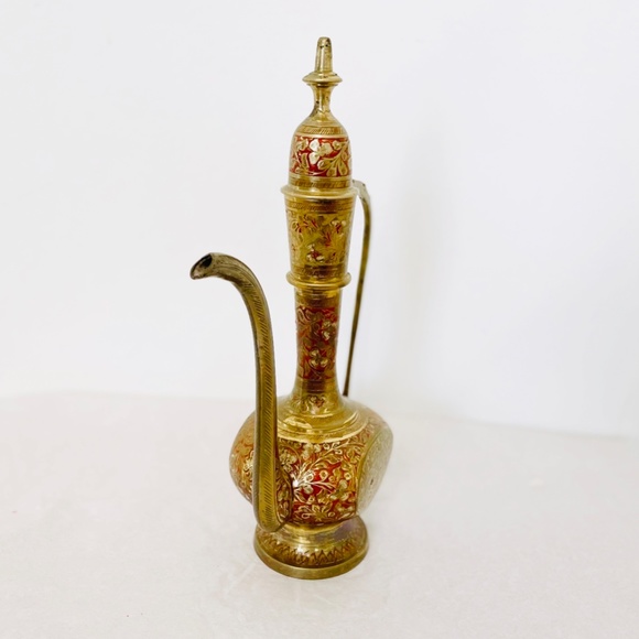 SOLD. Vintage India Brass & Enamel Tea Pot or Wine Pitcher EUC - Picture 3 of 8